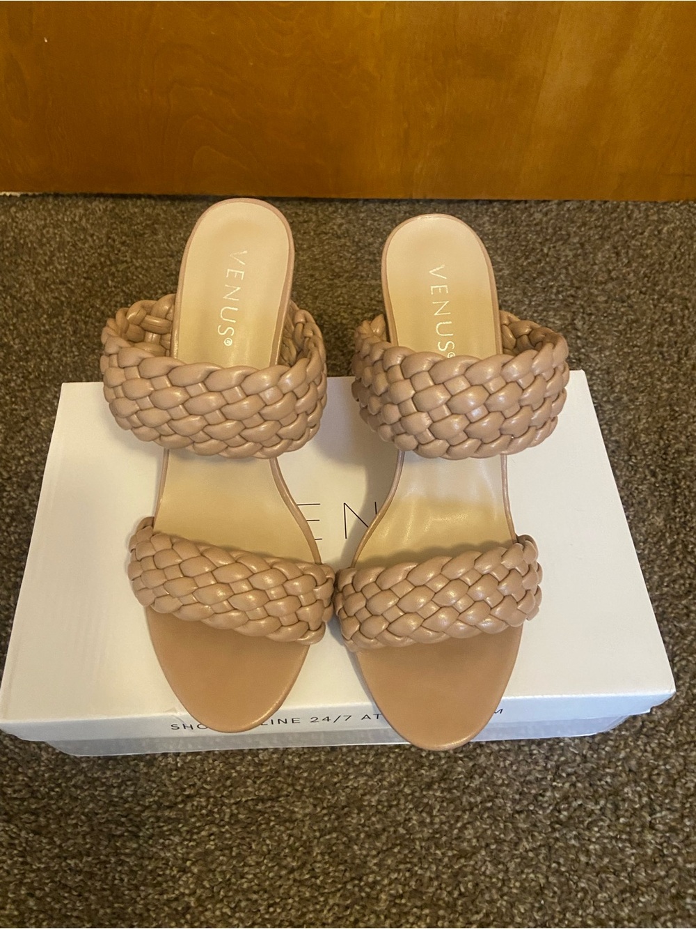 VENUS Tan Braided Double-Strap Slide Heels